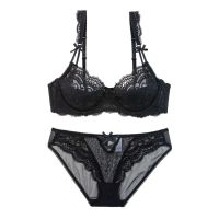 New Sexy Womens Intimates Bra Pink Sets Big Size Bras Thin Panties Push Up Bra High-Grade Lace Small Bows Summer Underwear