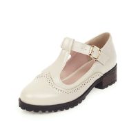 Brock carved single shoes female retro small leather shoes Mary Jane thick heel low heel round head womens shoes