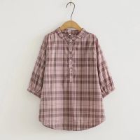 【มีไซส์ใหญ่】Plus Size Womens Round Neck Cotton Half Sleeve Plaid Summer Blouses Ladies Office-wear Vintage Female Tops