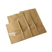 10pcs Zipper Grip Seal Packaging Brown Stand Up Kraft Paper Zip Lock Bags With Clear Window Reclosable Doypack Pouches Food Storage Dispensers