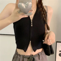 ผู้หญิงถักเสื้อแขนกุดผู้หญิง SLIM FIT Zipper Turn-Down COLLAR Club Holiday Casual แฟชั่น Crop TOP