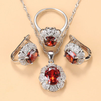New Style Elegant Women Wedding Accessories Red Garnet CZ Clip Earrings Necklace And Ring Bridal Jewelry Sets