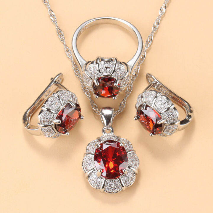 new-style-elegant-women-wedding-accessories-red-garnet-cz-clip-earrings-necklace-and-ring-bridal-jewelry-sets