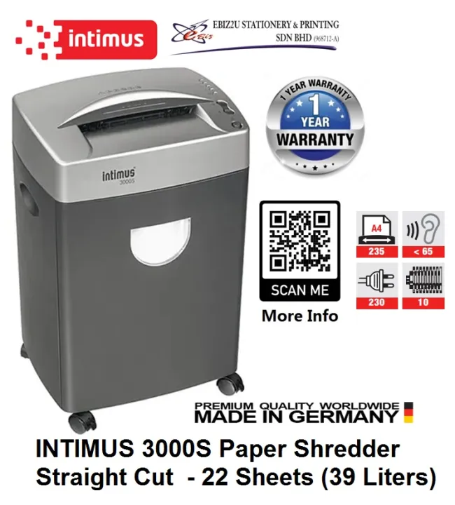 Intimus 3000s Paper Shredder Straight Cut 22 Sheets 39 Liters