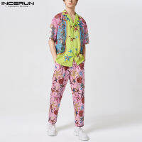 TOP☆INCERUN Mens Floral Ethnic Outfit Suit Short Sleeve T Shirt Long Pants Loungwear (Western Style)