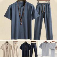 HOT★(Shirt + Trousers) Set Top Pants Solid Color Drawstring Summer Buttons Neckline Chinese Style Mid Rise Men Outfit For Office