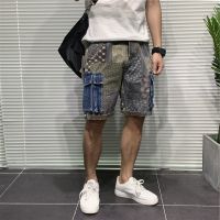 Cashew printed cargo denim shorts men new multi pockets five point blue street styleTH