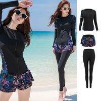 wisuwore Long Sleeve Rash Guard Women Solid 3 Pieces Swimsuit Long Legging Swimwear Surfing Suit Bathing Suit Black Long Pant