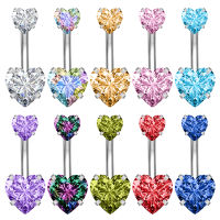 1 PC 14Gคู่หัวใจคริสตัลแหวนบาร์เบลที่มีรูปร่างโค้งสแตนเลสจิวสะดือCubic Zirconiaห่วงเจาะสะดือBellyเจาะอัญมณีประดับร่างกาย