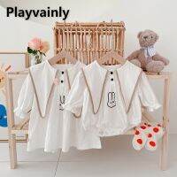 2022 Korean Style New Spring Baby Girl Bodysuit Turn-down Collar White Cartoon Rabbit Jumpsuit+Dress Children Clothes E102