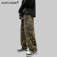 MAYCHEER Mens American retro camouflage overalls plus size drawstring trousers