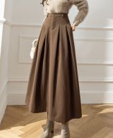 Elegant Women Woolen Skirts For Female Pockets Office Ladies Casual Loose A-Line High Waist Midi Skirt Autumn Winter Black Skir