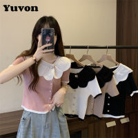 Yuvon Contrast Lace Collar Gentle Slim Fit Knit Short Sleeve blouse Womens Summer 2023 New sweet blouse