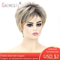 GNIMEGIL Blonde Wig with Bang for Women Synthetic Short Hairstyles Natural Wig Dark Roots Ombre Blond Hair Replacement Wig Cute