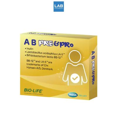 MEGA We Care AB Pre &amp; Pro 10 Sachets/box เมก้า วีแคร์ เอ บี พรี แอนด์ โพร ผลิตภัณฑ์เสริมอาหาร โพรไบโอติก 1 กล่อง บรรจุ 10 ซอง