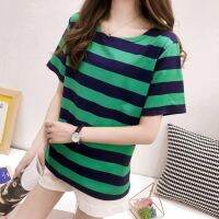 [Sale] Korean color striped T-shirt wild short-sleeved T-shirt womens round neck shirt shirt