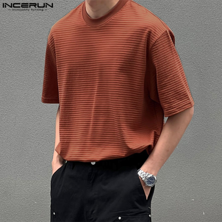 incerun-ผู้ชายแขนสั้นลายตารางเสื้อยืดเรียบง่าย-สไตล์เกาหลี