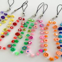 Fashion Colorful Fruits Beads Cellphone Anti-Lost Lanyard Smiley Face Phone Straps Soft Pottery Charm Hanging Cord Women Girls