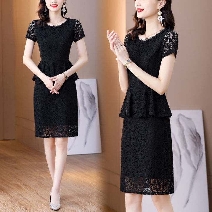 top-plus-ขนาดชุดลูกไม้-professional-ชุดกระโปรง2022ใหม่อารมณ์-elegant-lace-dress-simple-slim-slim-dress