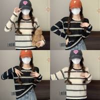 ? เสื้อไหมพรมลายทาง แขนยาวสีตัดกัน 2สี สินค้าพร้อมส่ง ( 39159 )-C