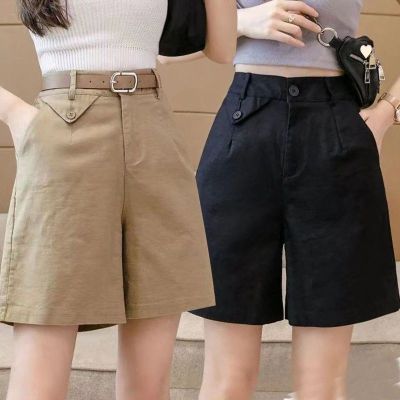 [ ฟรีเข็มขัด ] กางเกงห้าส่วนผ้าฝ้ายแท้ผู้หญิงฤดูร้อนรุ่นใหม่สไตล์เกาหลีหลวมดูผอมเอวสูง a กางเกงขาตรงลำลองขากว้าง