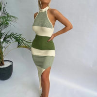 JULISSA MO Knitted Backless Midi Bodycon Dresses Women Fashion Sleeveless Split Halter Green Dress Ladies Elegant Party Vestidos