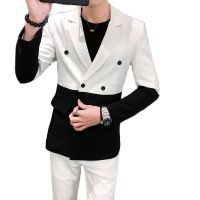 Mens Blazer Stitching Hombre Slim Semi-Black Red White Double-Breasted Blazer Masculino Wedding Prom Fashion Mens Blazer Men