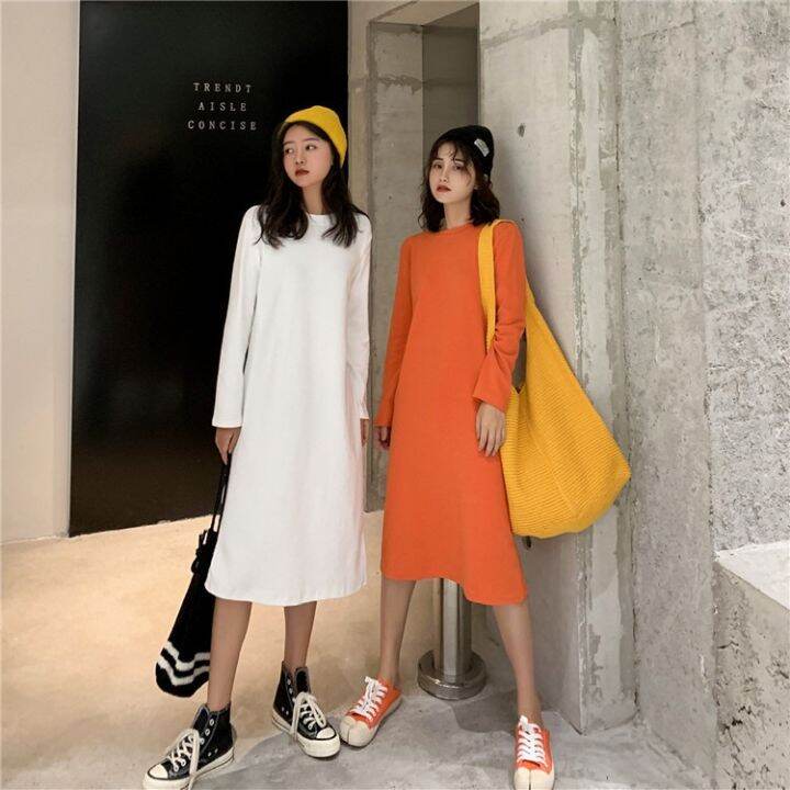 womens-long-dress-candy-color-dress-medium-length-knee-length-long-sleeve-straight-dress-solid-color-stitching-thin-bottomed-t-shirt-dress