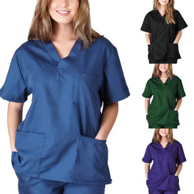 ใหม่แฟชั่นผู้หญิงผู้ชาย Unisex Casual สั้นแขนเสื้อ V คอเสื้อยืดพยาบาลพยาบาล Uniform Workwear เสื้อด้านบน (ขนาด: XS-XXXL)