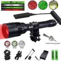 Tactical 3 in 1 Red Green White Light LED Hunting Flashlight  Zoomable Adjustable Lamp with Scope Mount Rechargeable  Flashlights