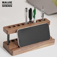 Multifunction Walnut Pens Holder Soild Wood Desktop Storage Organizer Phone Stand Creative Office School Accessories