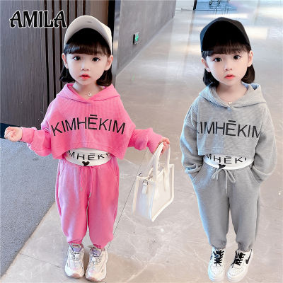 AMILA ชุดขนาดเล็กและขนาดกลางวาฟเฟิลสำหรับเด็กผู้หญิงตัวเล็กแนวสปอร์ตชุดสามชิ้นแฟชั่นสไตล์เกาหลี