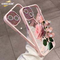 KISSCASE กุหลาบใสเหมาะสำหรับ IPhone 15 14 13 12 11 Pro Max 15 Plus 14 Plus ดอกกุหลาบสีชมพูเลนส์สีชมพูประกายเคสใสป้องกันลายนิ้วมือกันกระแทกเคสโทรศัพท์สำหรับ IPhone 15 Pro Max