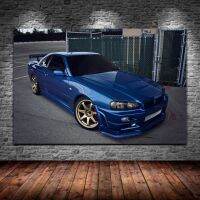 วินเทจ Supercar นิสสัน Skyline GT R R34สีฟ้าผ้าใบพิมพ์ผนังศิลปะจิตรกรรมสำหรับบ้านห้องนั่งเล่นตกแต่ง-ของขวัญที่สมบูรณ์แบบสำหรับผู้ที่ชื่นชอบรถ