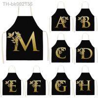 ❄✜ Gold Letter Alphabet Pattern Kitchen Apron For Woman Sleeveless Cotton Linen Aprons Cooking Home Cleaning Tools 53x65cm WQ0051