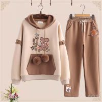 Spot parcel post Leisure Suit Womens Spring and Autumn Hooded Student Loose Cartoon Sweater Cute Girl College Style Sports Two-Piece Suit