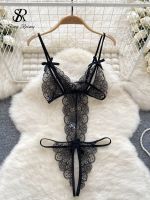 【hot】✵  SINGREINY Bodysuits Bow Transparent Rompers Crotch Sheer Erotic Playsuits