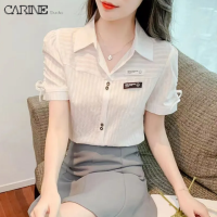 CARINE เสื้อชิฟองสีขาวสำหรับสตรีฤดูร้อน2023แฟชั่นโปโลแขนสั้นคอเสื้อ