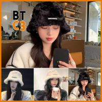 BTC3 ผ้ากำมะหยี่เทียม หมวกทรงถัง สีทึบทึบ หนาขึ้น หมวกฤดูหนาวหมวก แฟชั่นสำหรับผู้หญิง เกาหลีแบบเกาหลี หมวกชาวประมงหมวก สำหรับผู้หญิง