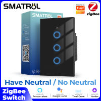 SMATRUL Tuya Smartlife Zigbee สมาร์ทสวิทช์สัมผัสสวิตช์ไฟผนังไม่มีสายกลางไม่มีตัวเก็บประจุที่จำเป็น2/3แก๊ง APP การควบคุมระยะไกลเวลา,การควบคุมเสียงเปิดปิดสวิทช์กระจกนิรภัยล็อคแม่เหล็กรีเลย์ไฟฟ้าสำหรับ Alexa Google Home Tmall