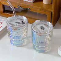 Colorful Straw Glass Water Cup with Cover Milk Tea Juice Drink Cup Rainbow Glass Single-layer Cup Coffee Mug Portable Cup