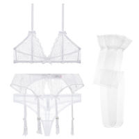 2021Varsbaby new arrival sexy lace transparent unlined deep V underwear set bra+thongs+garters+stockings 4 pcs