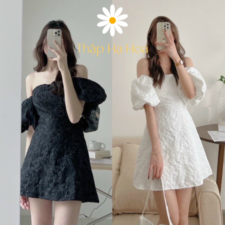 Váy chữ A tay bồng xếp ly ngực họa tiết dập hoa ẩn  EMMOS  Thời Trang  Thiết Kế Cao Cấp