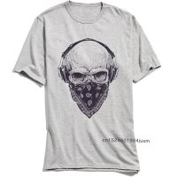 Hip Hop Men T-Shirt Skull With Headphones Hipster T Shirts Crewneck 100% Cotton Short Sleeve Tops Grey Tshirt Summer New