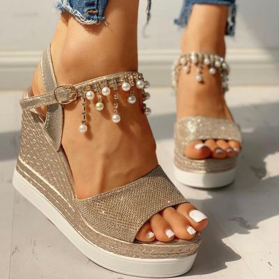 ขายดีที่สุด ioztt2023 - /⊙ Sandals Ladies Fashion Tassel Beaded Wedge Heel Thick Heels Wind Shoes Platform