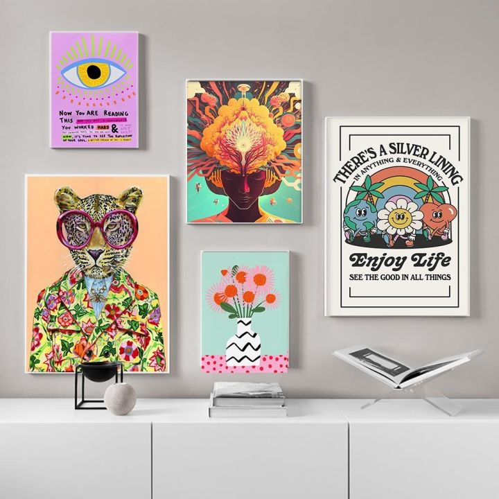 บทคัดย่อดอกไม้สาวภาพวาดผ้าใบโปสเตอร์แรงบันดาลใจคำขวัญ-home-wall-art-multicolor-สัตว์ห้องนั่งเล่นภาพตก