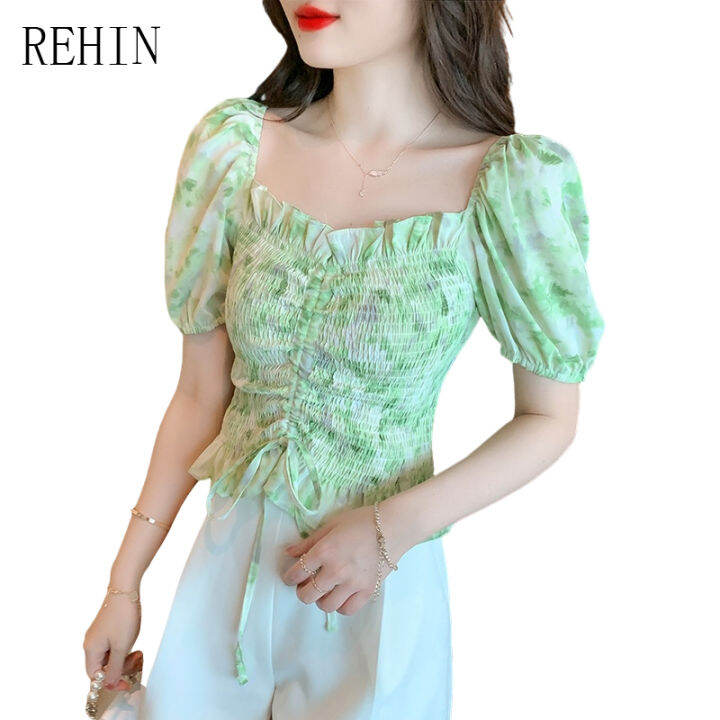 rehin-women-s-top-summer-new-korean-version-all-match-floral-slim-short-sleeved-shirt-square-collar-trend-blouse