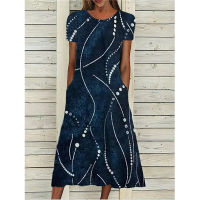 【cw】ZC-710 Cross-Border 2022 New Womens Straight Long Dress Green Blue Wine Short Sleeve Printed Dress ！