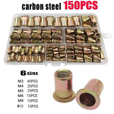 100/150/300pcs Box M3 M4 M5 M6 M8 M10 Flat Head Rivet Nuts Rivnut Set Assortment Kit 304 Stainless Steel Carbon Steel Aluminum