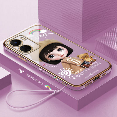 (คลังสินค้าพร้อม) เคสเคสมือถือสำหรับ Y16 Vivo พร้อมฟรีสายคล้อง + การ์ตูนสาวน่ารักขอบสี่เหลี่ยมชุบเคลือบฝาหลังนิ่ม